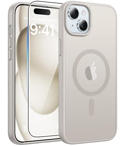 FNTCASE for iPhone 15 Case: for iPhone 14 Case & iPhone 13 Case [Compatible with Magsafe] Translucent Matte Cases with [Screen Protector] Military Grade Shockproof Protective Phone Cover - Off White - Image 1