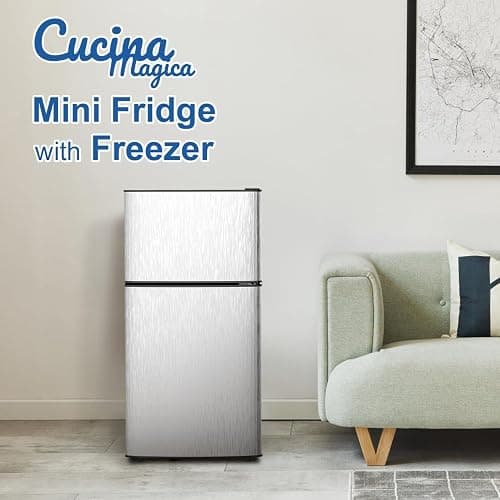 Cucina Magica Mini Fridge with Freezer, 3.2 cuft Small Refrigerator, 7 Adjustable Thermostat, Energy Saving, Low Noise, Double Door Compact Refrigerator for Dorm, Bedroom, Office - Silver thumbnail 3