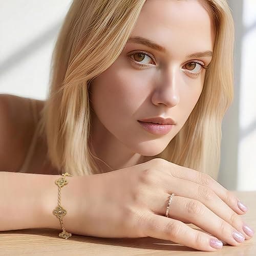 FidelongJH Four Leaf Clover Bracelet for Women 18K Gold Plated Stainless Steel Lucky 4 Leaf Gold Link Bracelet Trendy Jewelry Gift for Women thumbnail 5