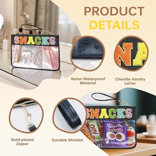 Burskit Snacks Bag Clear Chenille Varsity Letter Zipper Pouch Travel Makeup Bag Aesthetic Storage Organizer Pouches for Women with Glitter Patch Letters (Black-Snacks) thumbnail 3