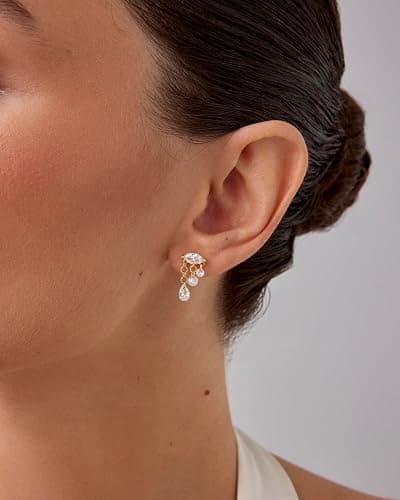 PAVOI 14K Gold Plated Dangle Flat Back Earrings for Women | Helix and Cartilage Pearl Cluster Triangle Lotus Pear Marquise Cubic Zirconia Screw Back Earring Pair thumbnail 2