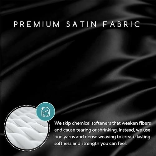 MR&HM Satin Bed Sheets, Queen Size Sheets Set, 4 Pcs Silky Bedding Set with Elastic Corner Straps and 15 Inches Deep Pocket for Mattress (Queen, Black) thumbnail 2