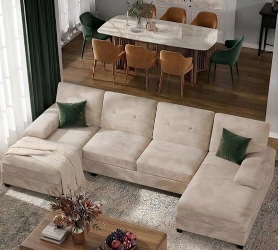 U-Shaped Sectional Couches for Living Room, 4 Seat Sofa with Double Chaise Lounges,Solid Wood Frame Sectional Sofa for Apartment,Beige - Image 1