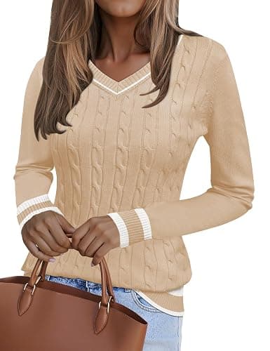 Kistore Jumpers for Women UK Long Sleeve Tops V Neck Cable Knit Pullover Sweater Lightweight Tunic Shirt - Image 1