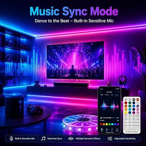 shalaker 20M RGB LED Strip Lights for Bedroom, Music Sync Colour Changing LED Tape with Bluetooth App & Remote, 16M Colours, Dimmable, Timing Mode, Self-Adhesive for Home Party Kitchen Decor thumbnail 4