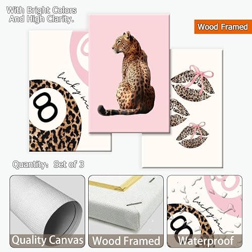 Set of 3 Coquette Pink Leopard Wall Art Trendy Lucky You 8 Ball Decor Posters Funky Cheetah Print Kiss Lips Canvas for Preppy Girly Y2k Room Dorm Home Apartment Bedroom Aesthetic 12x16in Framed thumbnail 7