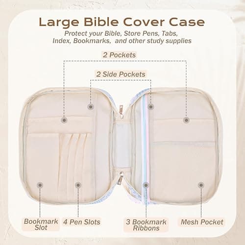 XKDOUS Bible Cover Case for Women Bible Bag Journaling Kit w/Study Supplies | Blue Patchwork Large Carrying Case w/Handle, Tabs, Pens, Portable Church Book Holder Christian Gifts for Woman Lady thumbnail 5