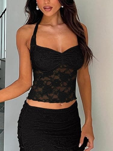 REORIA Lace Tops for Women Halter Sexy Going Out Tank Crop Y2K Fashion Top 2026 Trendy thumbnail 3