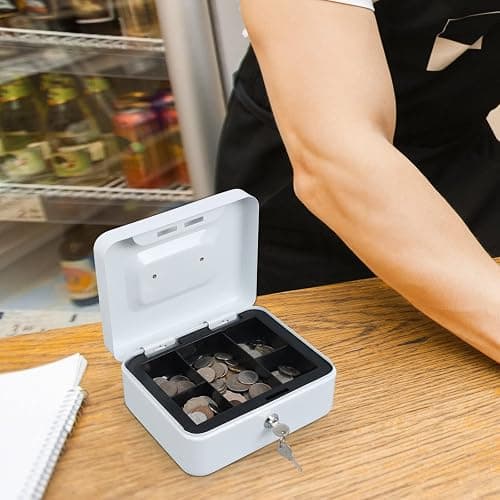xydled Locking Steel Medium Cash Box with Removable Coin Tray and Key Lock,7.87"x 6.30"x 3.54",White thumbnail 2