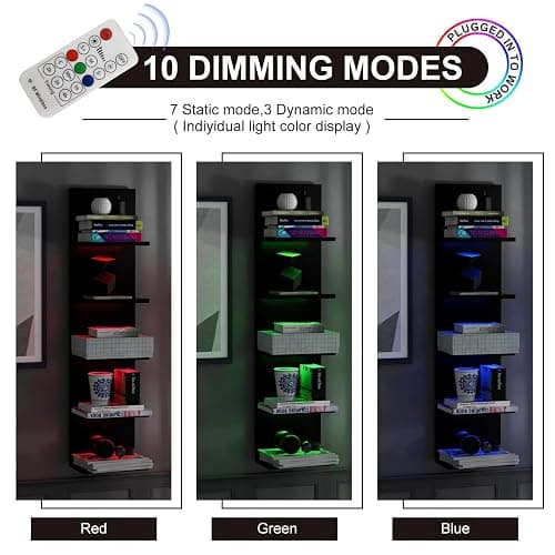 VIWODS 5-Tier Wall Shelf Unit with RGB Light, Floating Lack Shelf for Storage, Wall Mounted Vertical Display Shelf for Bedroom Living Room Vanity, Black thumbnail 4