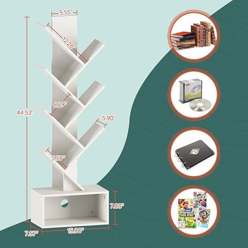 Yoobure Tree Bookshelf, 6 Tier Small Book Shelf Retro Floor Standing Bookcase, Wood Book Storage Organizer Rack, Tall Narrow Bookshelves for Corner/Bedroom/Living Room/Home Office, White thumbnail 3