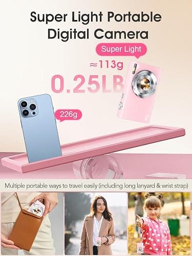Digital Camera,4K Autofocus Point and Shoot Digital Camera with 32GB Card,48MP Portable Compact Camera Photography for Teens Adult Beginner with 16X Zoom,Anti-Shake,2 Batteries(Pink) thumbnail 5