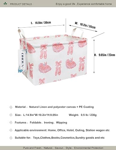 ONOEV Rectangular Folding Laundry Basket,waterproof Canvas Basket,gift basket,Suitable for children's room,Office,Clothes,Toys Storage(Pink lace dance shoes) thumbnail 2