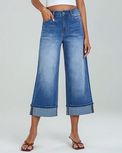 GRAPENT Wide Leg Jeans for Women High Waisted Stretchy Denim Crop Pants Fold Hem Cropped Baggy Jeans with Pockets thumbnail 2