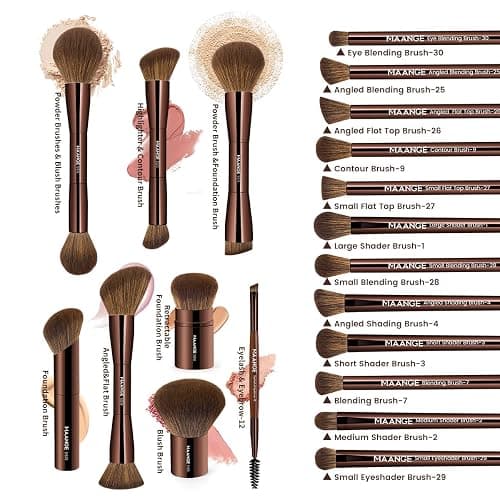 MAANGE 20 PCS Makeup Brush Set with Bag, Double-ended Kabuki Brush Foundation Contour Brush for Liquid Powder Concealer Eye Shadows Cream Cosmetics Blending Blush Face Makeup Tools (Brown) thumbnail 3