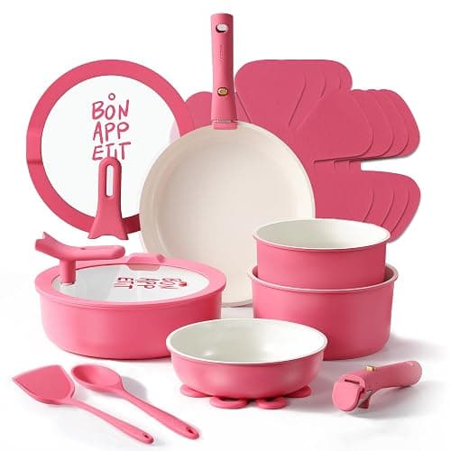 CAROTE 18Pcs Ceramic Cookware Set with Detachable Handle, Pots and Pans Set Non Stick, Non Toxic Kitchen Cooking Sets with Stand-Up Lid, PFAS and PFOA Free, Oven Safe, Induction Ready, Pink - Image 1