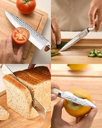 Kitchen Knife Set,14-Piece Knife Set With Block Wooden, Self Sharpening For Chef Knife Set, High Carbon German Stainless Steel Hammered Collection Knife Block Set, Dishwasher Safe Cutlery, Cream thumbnail 7