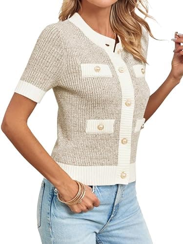 Langwyqu Womens Short Sleeve Button Down Cardigans Sweater Cropped Lightweight Crew Neck Elegant Tops thumbnail 3