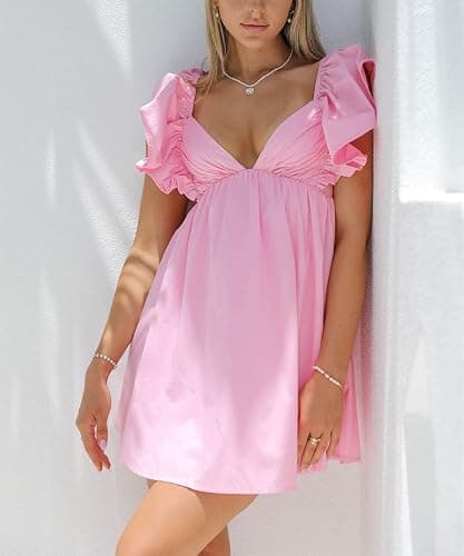 Zebaexf Womens Spring Summer V Neck Knot Back Causal Strap Short Flowy Swing Mini Dress thumbnail 2