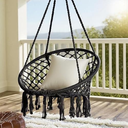 Goutime Hammock Chair, Macrame Hanging Indoor Swing Chairs with Hardware Kit,Adult Boho Swinging Swings for Outside,Patio,Balcony,Bedroom (Black (Pillows are not Included)) thumbnail 2