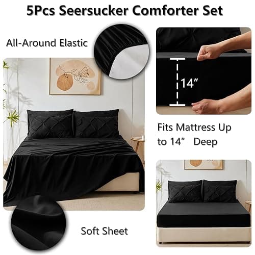CozyLux Twin Comforter Set with Sheets Black, 5 Pieces Pintuck Bed in A Bag, Twin Bed Set Gift for Family, Pinch Pleat Bedding Set with Comforter, Sheets, Pillowcase & Sham thumbnail 6