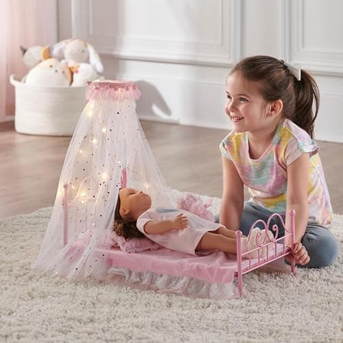 Badger Basket Starlights Metal Doll Bed - LED Canopy Bed Set Fits 18 Inch Dolls - Includes Mesh Drapes Decorative Pillows Reversible Blanket - Pretend Play Doll Furniture - Pink thumbnail 7