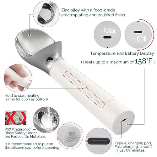 Heated Ice Cream Scoop Rechargeable, Electric Warming Ice Cream Scooper with LED Display, Heats to 158°F for Hard Ice Cream, Easy for Seniors & Kids, IP67 Waterproof (White, 2 oz) thumbnail 3
