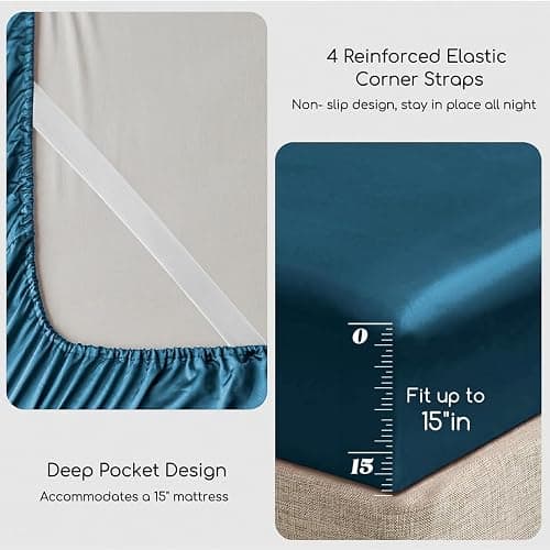 MR&HM Satin Bed Sheets, Queen Size Sheets Set, 4 Pcs Silky Bedding Set with 15 Inches Deep Pocket for Mattress (Queen, Teal) thumbnail 4