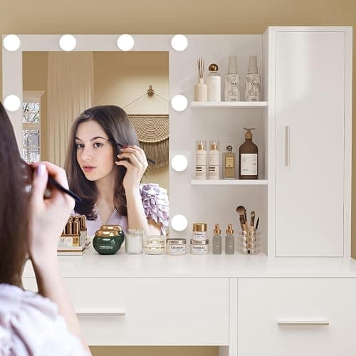 FIONESO Vanity Desk with Mirror and Lights, Makeup Vanity with 4 Drawers, Cabinet & 4 Necklace Hooks, White Vanity with Mirror and 10 LED Lights, Dressing Table for Women, Bedroom, White thumbnail 4