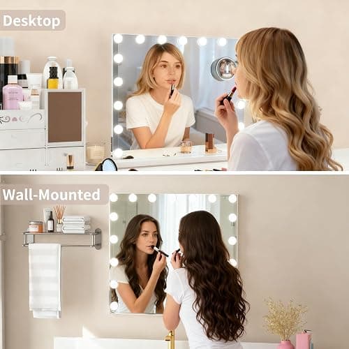 Hibtn Hollywood Vanity Mirror With Lights,50×60cm Lighted Makeup Mirror with 17 Dimmable Led Bulbs,Touchscreen Control,Tabletop,Wall Mounted,10X Magnifying White thumbnail 5