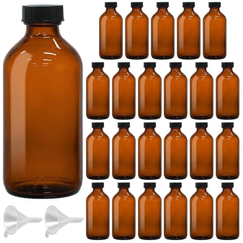 24 Pack 8oz Amber Glass Boston Round Bottles with Phenolic Polycone Caps – Airtight, Leak-Proof Brown Glass Containers for Kombucha Brewing, Storing Condiments, Essential Oils, and Homemade Solutions - Image 1