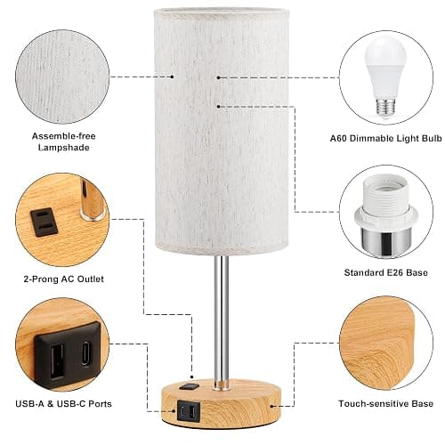 Fenmzee Touch Table Lamp - Cream, 3-Way Dimmable, USB A + C Charging, AC Outlet, 17.4inch Medium, Wood Grain Base thumbnail 6