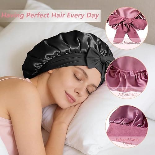 Silk Bonnet for Women, Satin Bonnet for Sleeping, Large Sleep Cap with Elastic Tie Band for Curly Hair thumbnail 2