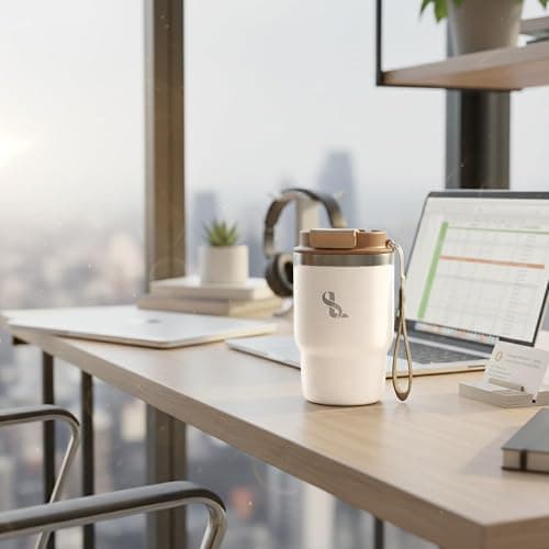 SimplyLivin Insulated Coffee Cup Travel Mug 480ml 16oz | Tumbler Flask with Straw & Spout Lid | Leakproof | 8H Hot 12H Cold | Reusable Coffee Cup | Stainless Steel Tumbler | Gift | Classic Beige thumbnail 2