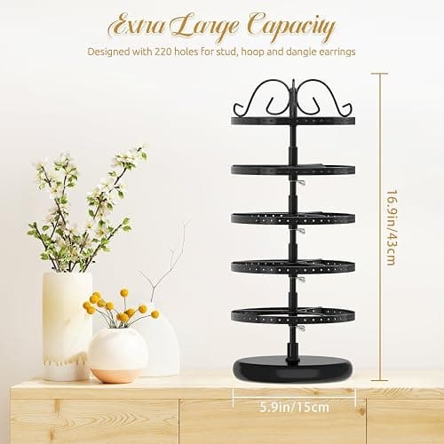 MODOWEY Rotating Earring Holder Organizer Stand, 5 Tier Metal Tree Display for Women Vendors, 220 Holes Adjustable Jewelry rack for Stud Hoop Dangle Storage, Trendy Carousel Keeps Dresser Neat, Black thumbnail 2