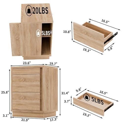 MOUMON Nightstand with Hidden Storage & NFC Lock, Bedside Table End Table with 3 Drawers, Pop-up Design, for Living Room Oak 23.6”W x 19.7”D x 31.5”H thumbnail 2
