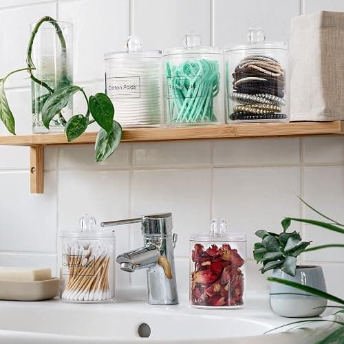 4 Pack Acrylic Qtip Holder Dispenser for Cotton Swabs, Balls, Pads, Floss Picks- Small Clear Acrylic Canister Apothecary Jar Set, Bathroom Essentials Accessories Decor, Vanity Makeup Storage Organizer thumbnail 8