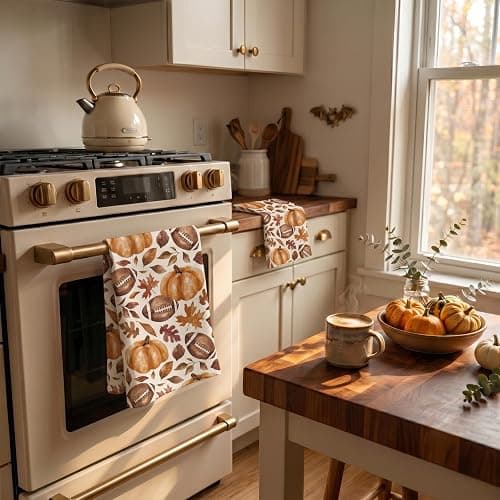 Fall Football Kitchen Towels Set of 2, Pumpkin Leaves, 18 x 26 in | Set of 2 fall kitchen towels with football, pumpkin and maple leaf designs for game day or Thanksgiving decor thumbnail 6