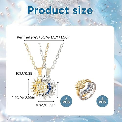 Hubaltuye 4Pcs Sun and Moon Necklace Set,Sun and Moon Necklace with Sun and Moon Rings, Adjustable Matching Necklace and Ring Set, Gift for Couples and Best Friends thumbnail 2