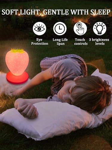Strawberry Night Light, Cute Silicone Strawberry Lights Kawaii Room Decor, USB Rechargeable Bedside Lamp 3 Gear Touch Lighting, Cute Strawberry Gifts for Baby, Children, Toddlers, Teen Girls thumbnail 3