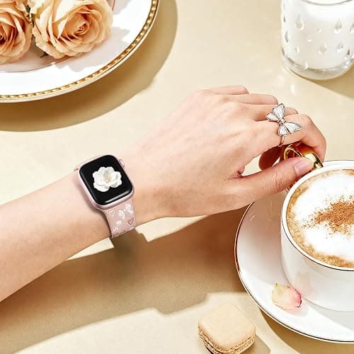 Lerobo Floral Band Compatible with Apple Watch Bands for Women 40mm 41mm 38mm 42mm 44mm 45mm 46mm 49mm, Engraved Cute Bow Soft Silicone Sport Strap for iWatch Series 11 10 9 8 7 6 5 4 3 2 1 SE Ultra thumbnail 9