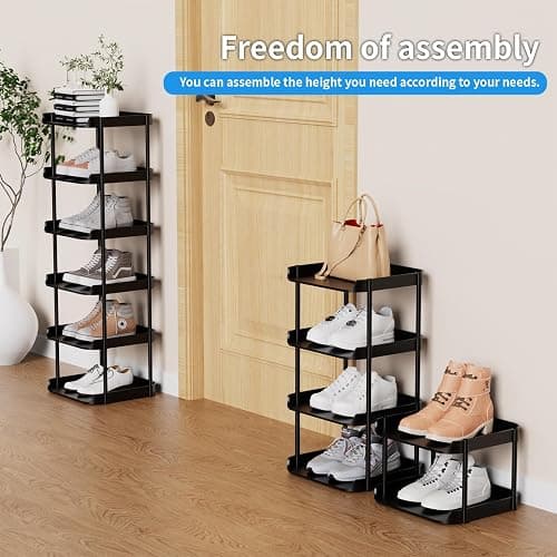 Altdnmaf 6 Tier Vertical Narrow Shoe Rack, Stackable Tall Skinny Shoerack, Compact Single Shoes Storage Tower for Slim Space, Corner Plastic Shelves, for Hallways, Entryway, Bedrooms Organizer, Black thumbnail 4
