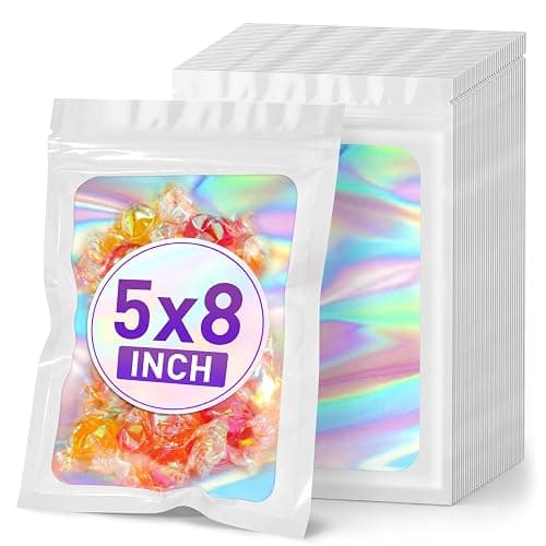 ANZNKU Holographic Bags 5x8 White Mylar Bags Resealable 50PCS, Smell Proof Packaging Bag Snack Pouches Goodie Baggies for Candy Jewelry Graduation Party Favors, Small Gift Bag for Small Business - Image 1