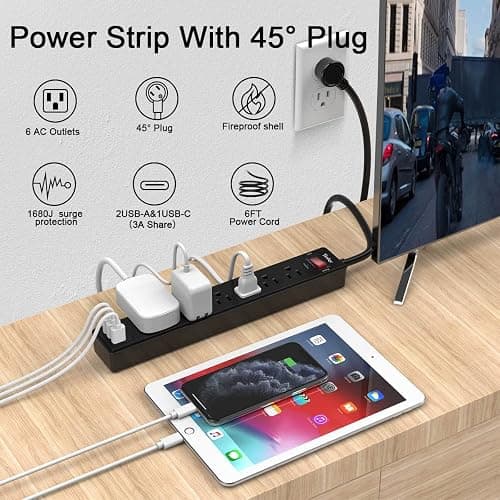 6Ft Power Strip Surge Protector - Yintar Extension Cord with 6 AC Outlets and 3 USB Ports for for Home, Office, Dorm Essentials, 1680 Joules, ETL Listed, (Black) thumbnail 2