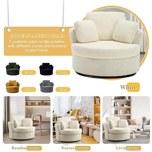 Swivel Barrel Chair, Modern Fabric Oversized 360 Degree Club Accent Arm Chairs, Single Round Living Room Sofa Chair w/ 3 Pillows for Nursery, Bedroom, Reading, Office, Ivory thumbnail 7