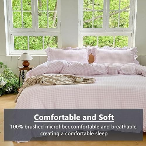 NSNLGSGC Pink Gingham Ruffle Duvet Cover Queen Size, 3 Pieces Soft Pre-Washed Microfiber Checked Plaid Comforter Cover Set, Vintage Farmhouse Bedding Set(Pink Gingham, Queen 90"x90") thumbnail 4