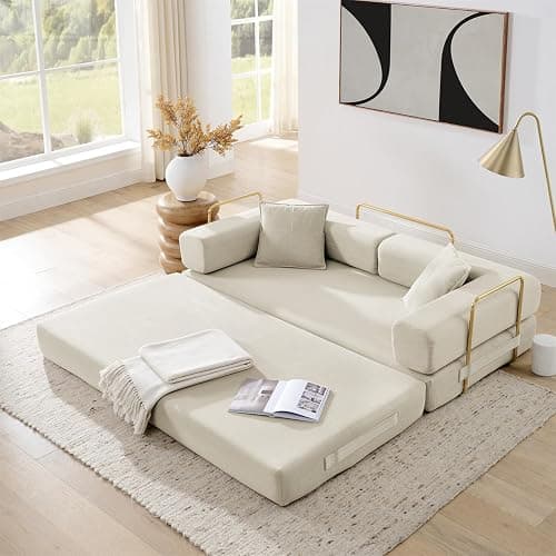 4-in-1 Folding Convertible Sofa Bed, 78 Inch Boneless Couch with Fixed-Shape Frame, Corduroy Loveseat Sleeper with Pull Out Bed, Floor Sofa Modular Futon Couch for Living Room Bedroom Lounge (Beige) - Image 1