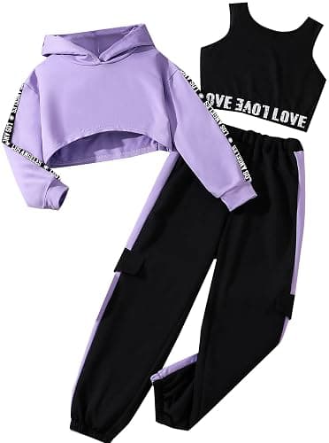 Hilinker Girls Graphic 3 Piece Outfits Workout Hoodie Crop Tank and Sweatpants Set - Image 1