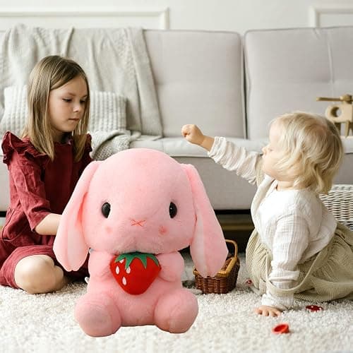 HOUPU Soft Toy - Sitting Lop Eared Rabbit, Easter White Rabbit Stuffed Bunny Animal with Carrot Soft Lovely Realistic Long-Eared Standing Pink Plush Toys (Pink-Strawberry,8.6in/22cm) thumbnail 4