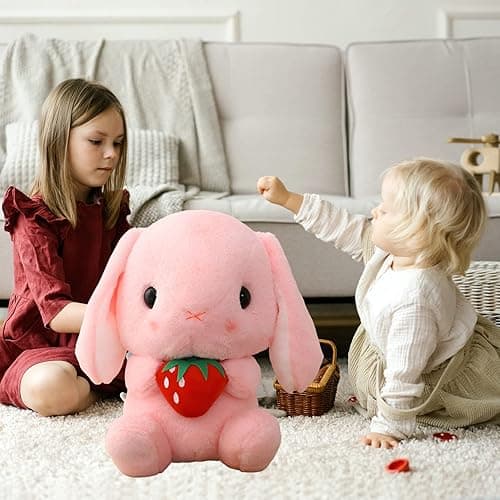 HOUPU Soft Toy - Sitting Lop Eared Rabbit, Easter White Rabbit Stuffed Bunny Animal with Carrot Soft Lovely Realistic Long-Eared Standing Pink Plush Toys (Pink-Strawberry,8.6in/22cm) thumbnail 5